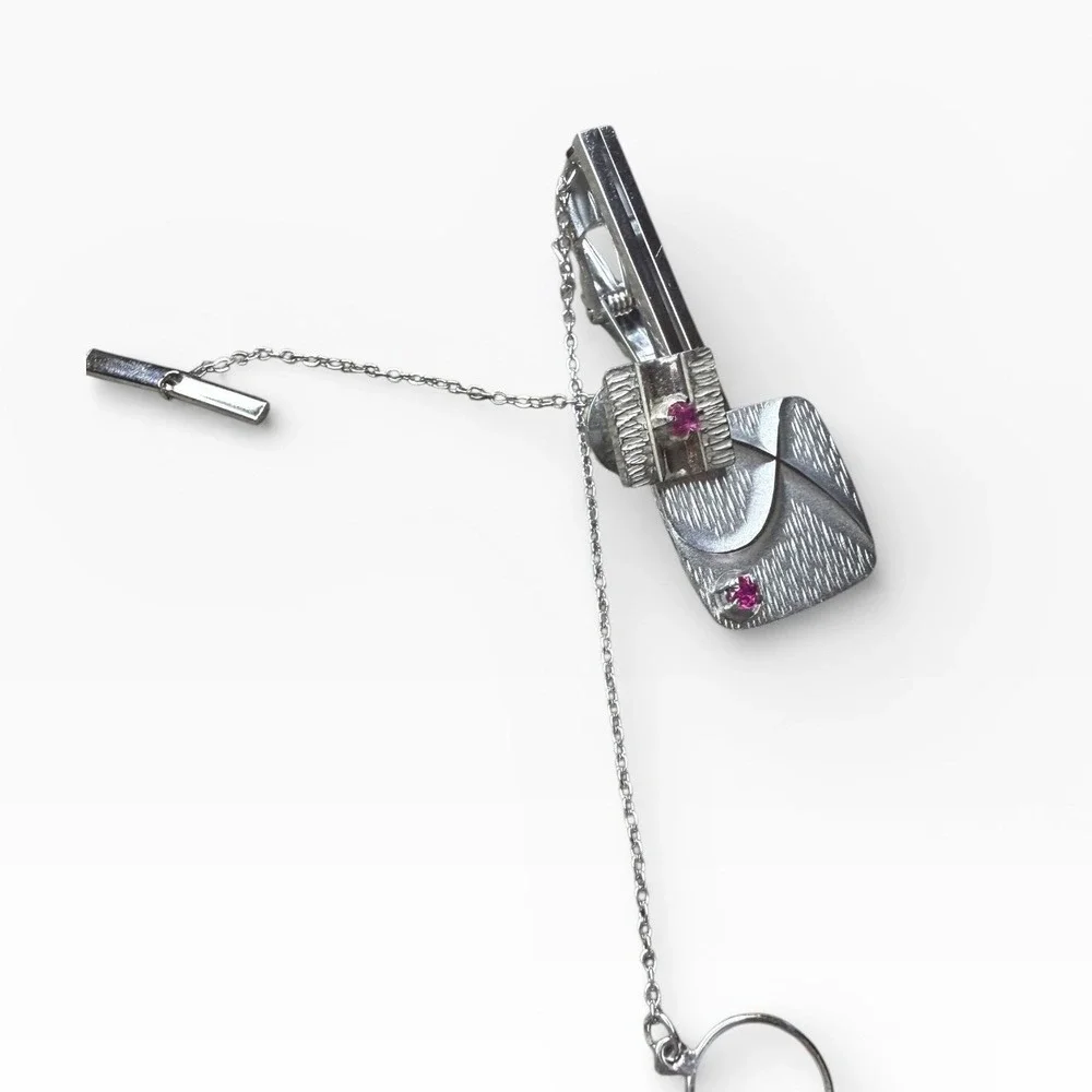 Vintage Mens Silver Tone Square Tie Bar Clip Chain Pink Gemstone Accent Formal